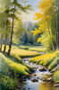 Peaceful Meadow With Brook and Trees Displaying Early Autumn Colors