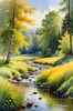 Peaceful Meadow With Brook and Trees Displaying Early Autumn Colors
