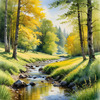 Peaceful Meadow With Brook and Trees Displaying Early Autumn Colors