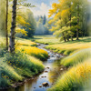 Peaceful Meadow With Brook and Trees Displaying Early Autumn Colors