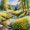 Peaceful Meadow With Brook and Trees Displaying Early Autumn Colors