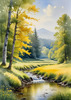 Peaceful Meadow With Brook and Trees Displaying Early Autumn Colors