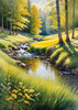 Peaceful Meadow With Brook and Trees Displaying Early Autumn Colors
