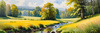 Peaceful Meadow With Brook and Trees Displaying Early Autumn Colors