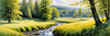 Peaceful Meadow With Brook and Trees Displaying Early Autumn Colors