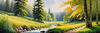 Peaceful Meadow With Brook and Trees Displaying Early Autumn Colors