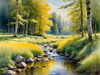 Peaceful Meadow With Brook and Trees Displaying Early Autumn Colors