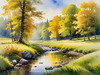 Peaceful Meadow With Brook and Trees Displaying Early Autumn Colors