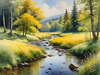 Peaceful Meadow With Brook and Trees Displaying Early Autumn Colors