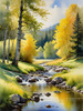 Peaceful Meadow With Brook and Trees Displaying Early Autumn Colors