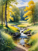 Peaceful Meadow With Brook and Trees Displaying Early Autumn Colors