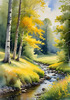 Peaceful Meadow With Brook and Trees Displaying Early Autumn Colors