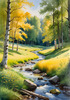 Peaceful Meadow With Brook and Trees Displaying Early Autumn Colors