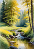 Peaceful Meadow With Brook and Trees Displaying Early Autumn Colors