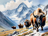 Tranquil Scene with Grazing Yaks and Rising Mountain Peaks Art Print
