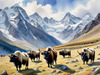 Tranquil Scene with Grazing Yaks and Rising Mountain Peaks Art Print