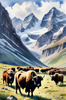 Tranquil Scene with Grazing Yaks and Rising Mountain Peaks Art Print