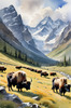Tranquil Scene with Grazing Yaks and Rising Mountain Peaks Art Print