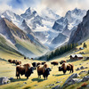 Tranquil Scene with Grazing Yaks and Rising Mountain Peaks Art Print