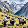 Tranquil Scene with Grazing Yaks and Rising Mountain Peaks Art Print
