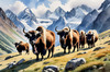 Tranquil Scene with Grazing Yaks and Rising Mountain Peaks Art Print