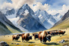 Tranquil Scene with Grazing Yaks and Rising Mountain Peaks Art Print
