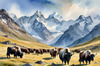 Tranquil Scene with Grazing Yaks and Rising Mountain Peaks Art Print