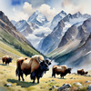 Tranquil Scene with Grazing Yaks and Rising Mountain Peaks Art Print