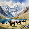 Tranquil Scene with Grazing Yaks and Rising Mountain Peaks Art Print