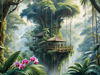 Printable Art of Tropical Rainforest Canopy with Monkeys and Orchids
