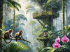 Printable Art of Tropical Rainforest Canopy with Monkeys and Orchids