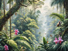 Printable Art of Tropical Rainforest Canopy with Monkeys and Orchids