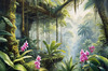 Printable Art of Tropical Rainforest Canopy with Monkeys and Orchids