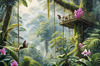 Printable Art of Tropical Rainforest Canopy with Monkeys and Orchids