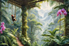 Printable Art of Tropical Rainforest Canopy with Monkeys and Orchids