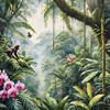 Printable Art of Tropical Rainforest Canopy with Monkeys and Orchids