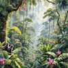 Printable Art of Tropical Rainforest Canopy with Monkeys and Orchids