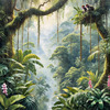 Printable Art of Tropical Rainforest Canopy with Monkeys and Orchids