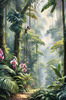 Printable Art of Tropical Rainforest Canopy with Monkeys and Orchids