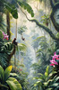 Printable Art of Tropical Rainforest Canopy with Monkeys and Orchids