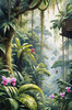 Printable Art of Tropical Rainforest Canopy with Monkeys and Orchids