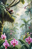 Printable Art of Tropical Rainforest Canopy with Monkeys and Orchids