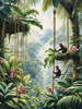 Printable Art of Tropical Rainforest Canopy with Monkeys and Orchids