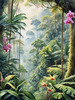 Printable Art of Tropical Rainforest Canopy with Monkeys and Orchids