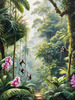 Printable Art of Tropical Rainforest Canopy with Monkeys and Orchids