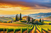 Printable Art of Tuscan Village with Golden Vineyards and Russet Shores