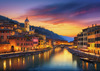 Twilight over Italian River Town with Lanterns and Fall Colors Art Print