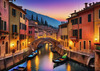 Twilight over Italian River Town with Lanterns and Fall Colors Art Print