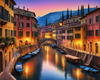 Twilight over Italian River Town with Lanterns and Fall Colors Art Print