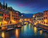 Twilight over Italian River Town with Lanterns and Fall Colors Art Print